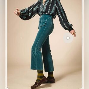 V. De Vinster Sirva "Velvet" Cropped Flare Pants in Teal Duck Blue Size Medium
